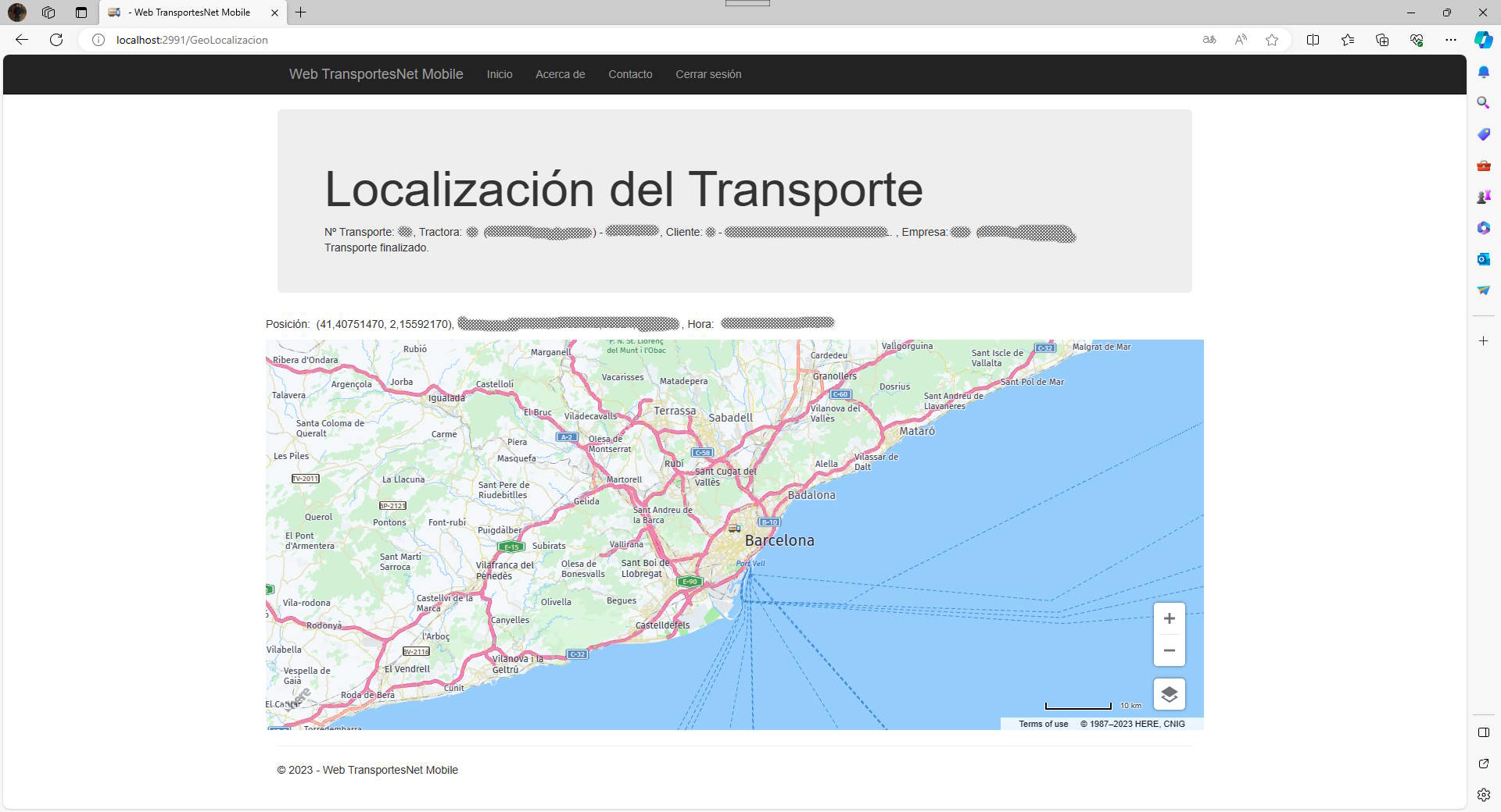Web del Cliente - Localización en TransportesNet Mobile versión 1.0.2