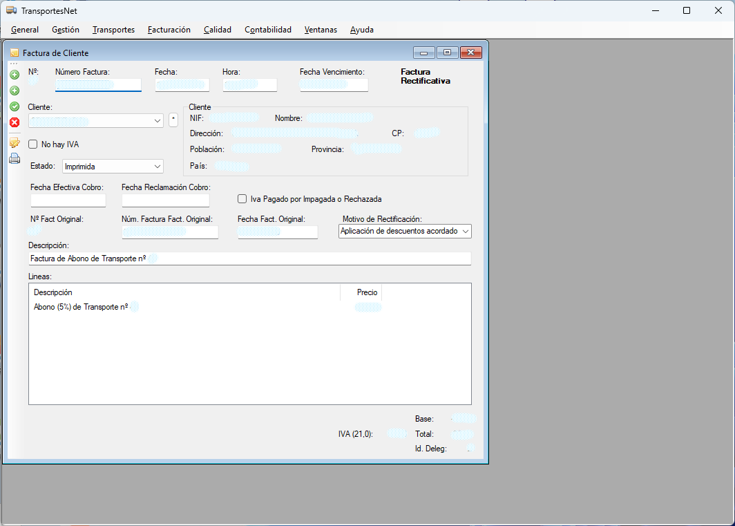 TransportesNet Versión 1.0.15 Factura Rectificativa