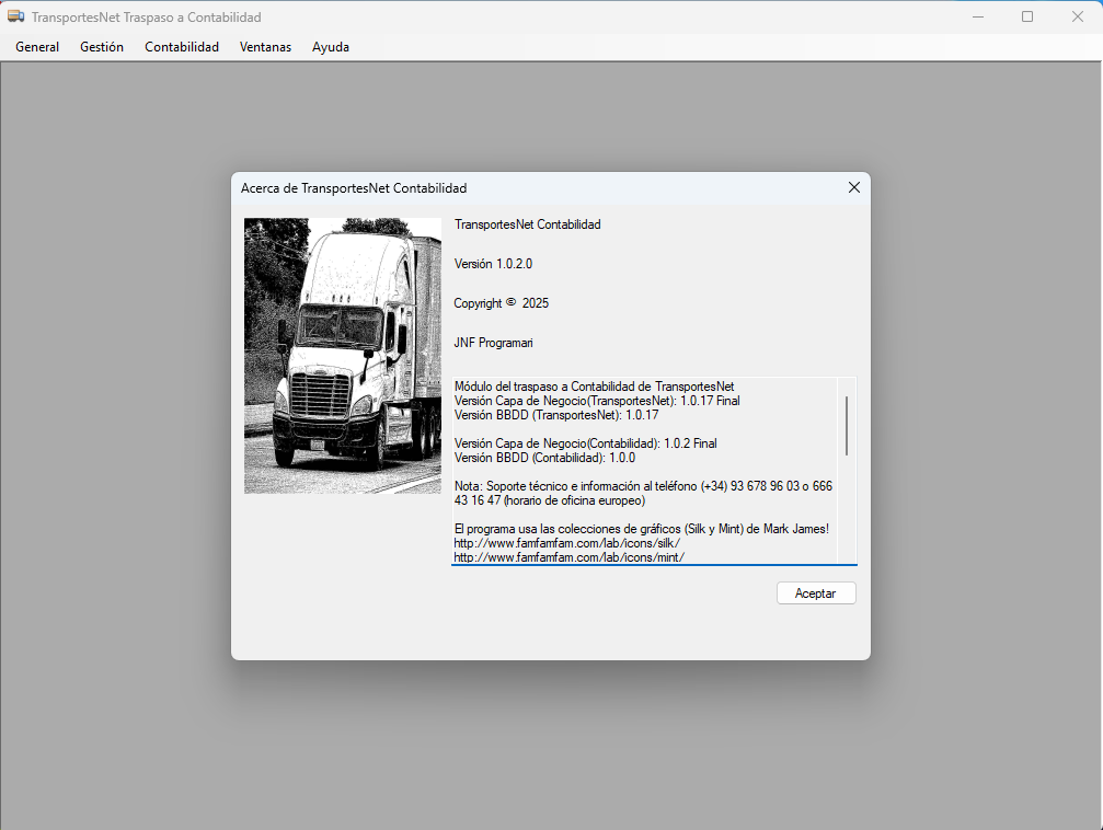 Pantalla Acerca TransportesNet Contabilidad Versión 1.0.2