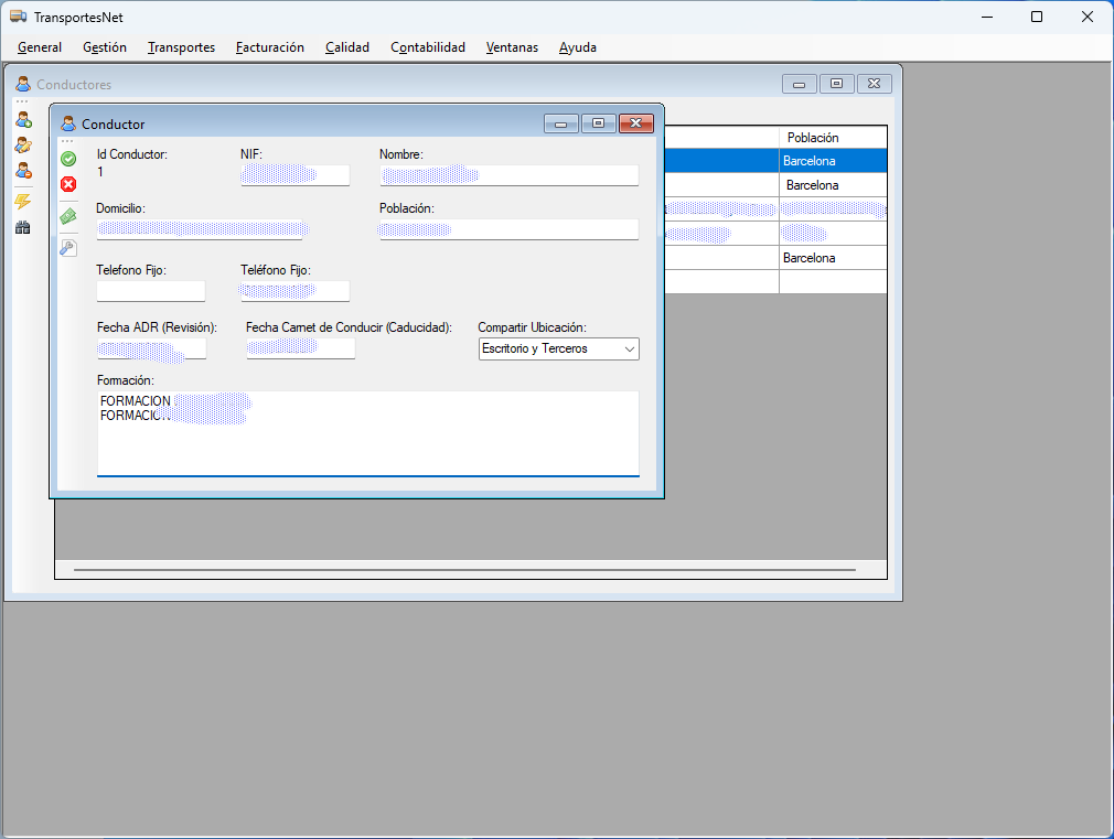 Pantalla Conductor TransportesNet Versión 1.0.18