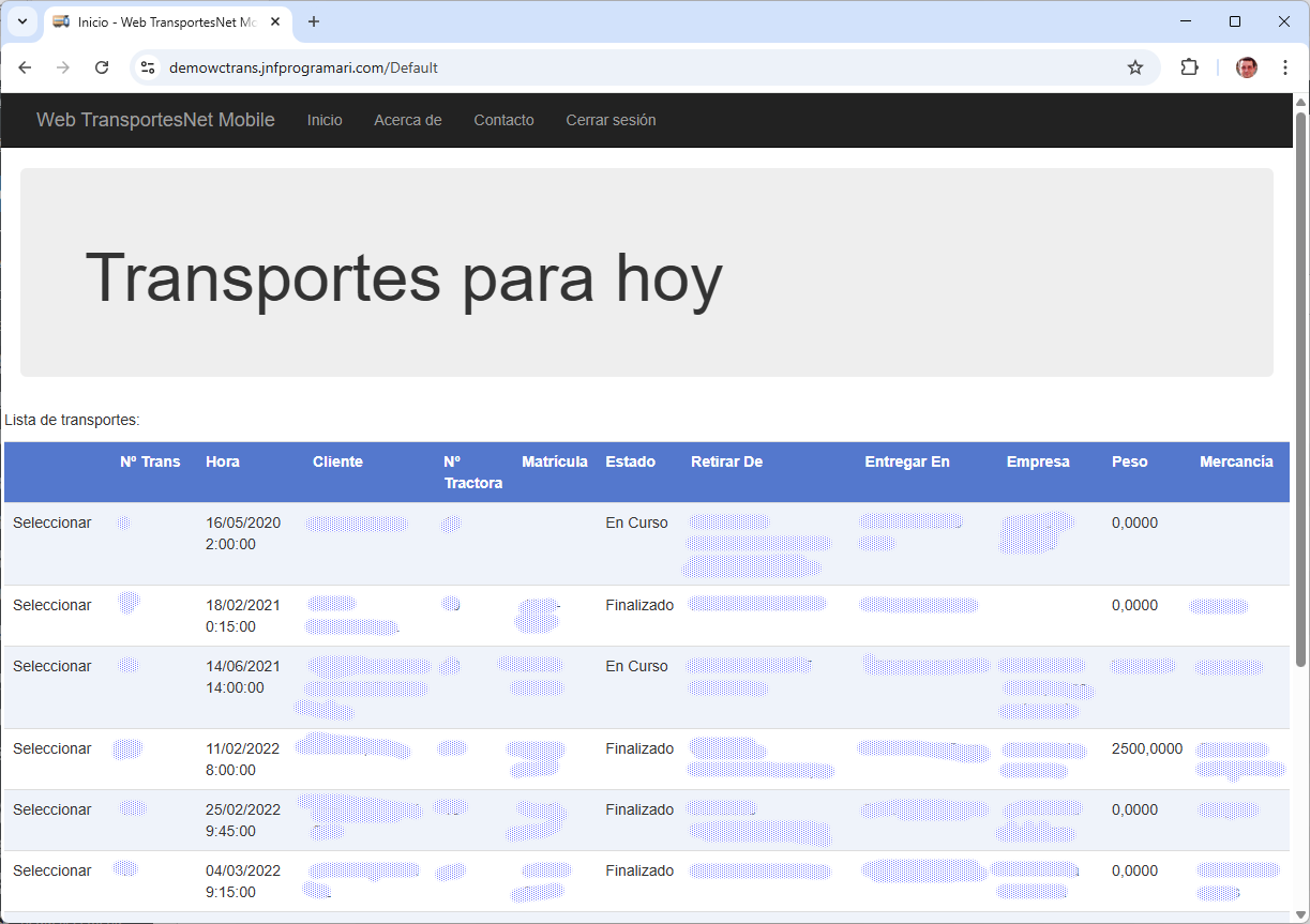 Pantalla Web Cliente TransportesNet Mobile Versión 1.0.4